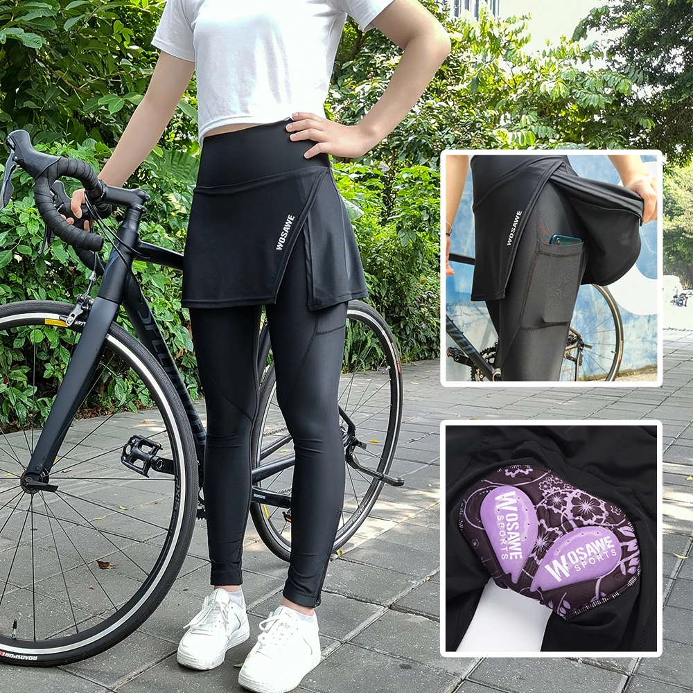 WOSAWE Female Cycling Skirt Long Pant 3D Gel Padded Road Bike Tihgts Mbt  Bicycle Trousers Breathale For Spring Summer Zip Pocket