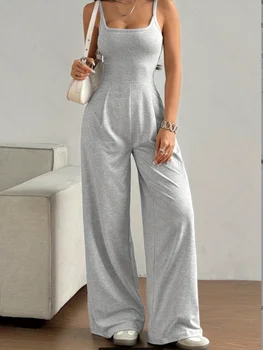 Women's Casual Halter Jumpsuit Spring and Summer Daily Solid Slim-Fit Backless Sleeveless Jumpsuit Lady's Floor-Length Trousers 1