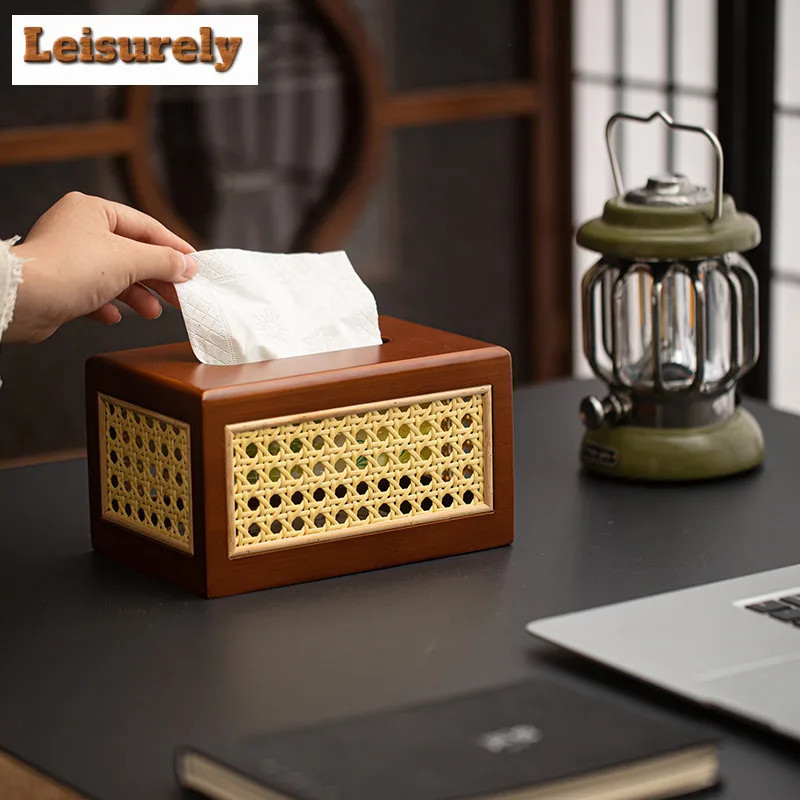 Vintage Bamboo Rattan Tissue Box Paper Container Dispenser Case Wet Wipes Case Removable Paper Drawer Hotel Napkin Storage Gift