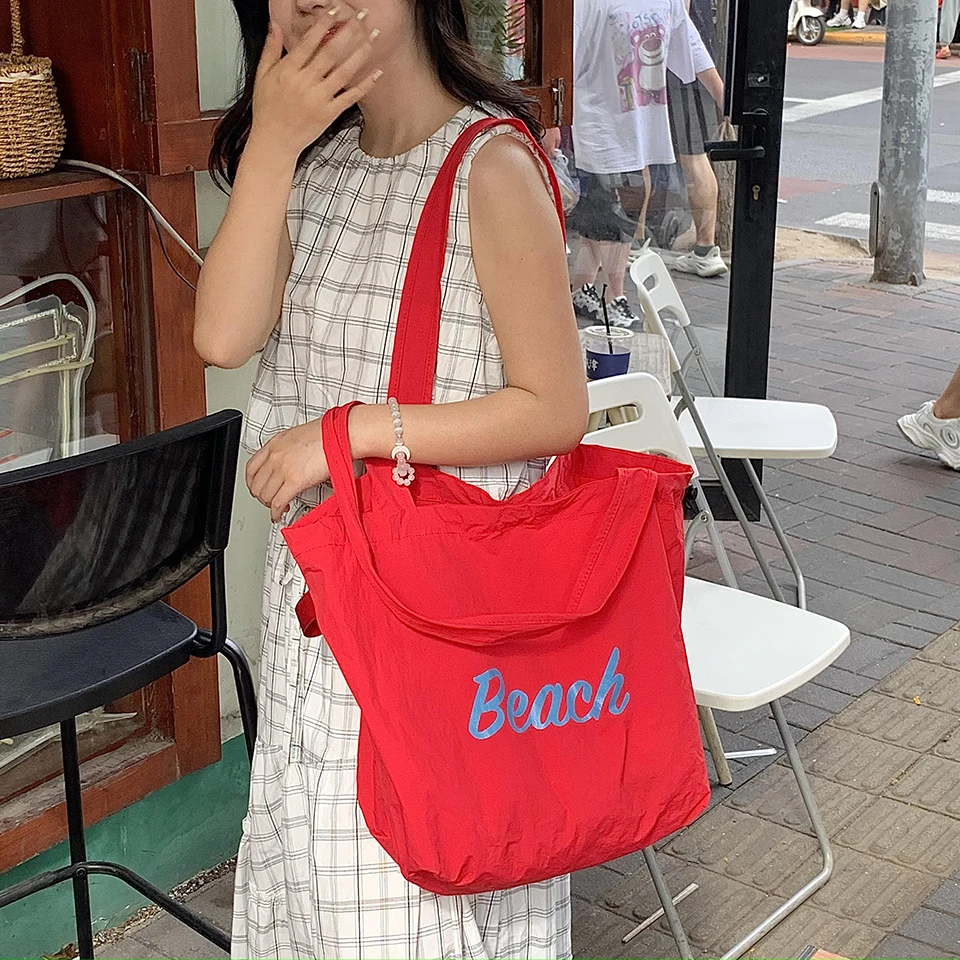 Women's String Tote Bag Fashion Canvas Totes Letters Portable Shoulder Bag Casual Beach Bag Large Capacity Shopping Handbag - 2