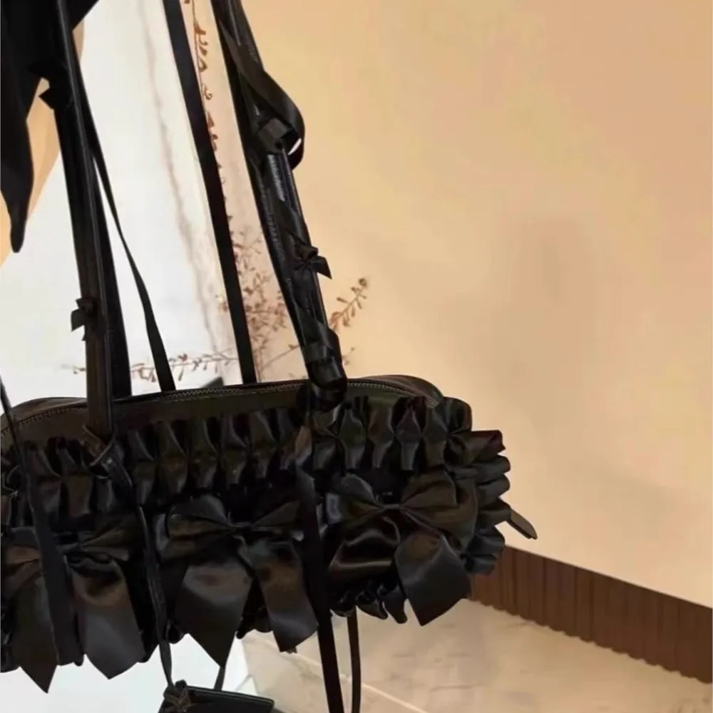 JIAERDI Gothic Bow Black Handbag Purse Women Vintage Harajuku Aesthetic Shoulder Bags Ladies Fairy Core Underarm Bag Bolsos Chic