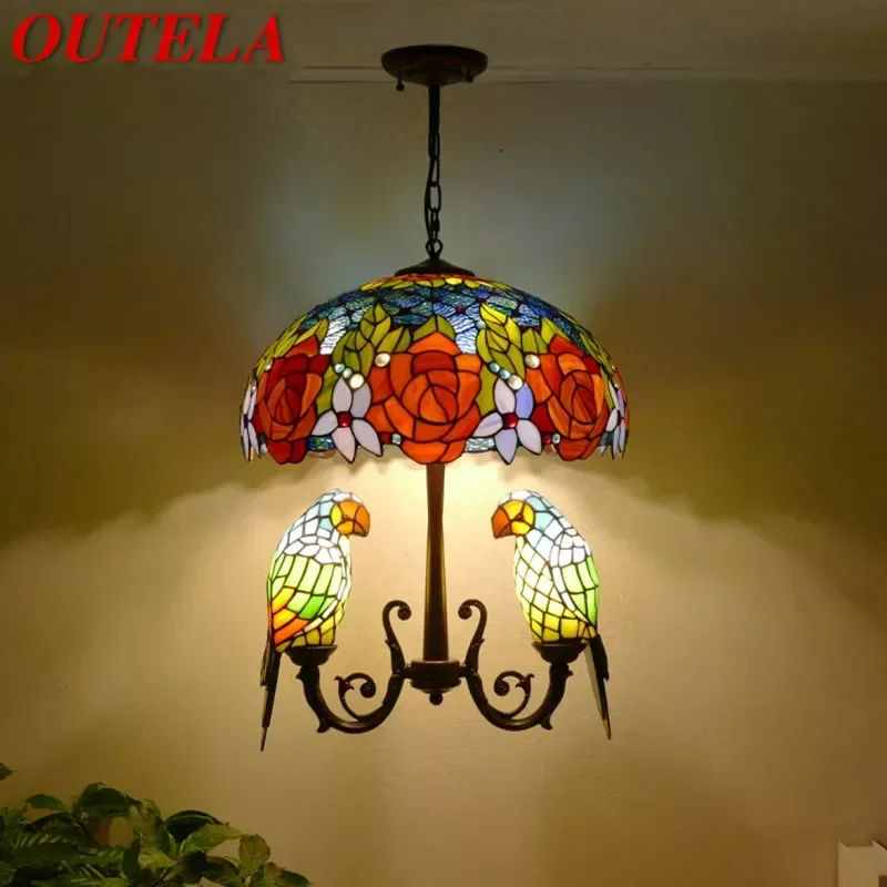 

OUTELA Tiffany Parrot Chandelier Vintage Creative Color Glass Living Room restaurant Bedroom Hotel Corridor Pendant Lamp