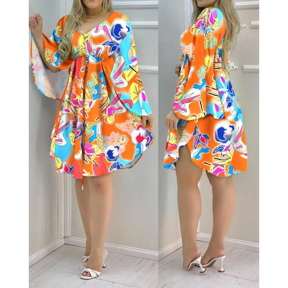 

Summer Women Allover Print Cloak Sleeve Drawstring Casual Dress Lady Midi Casual Loose Street wear Evening Clothing 2023