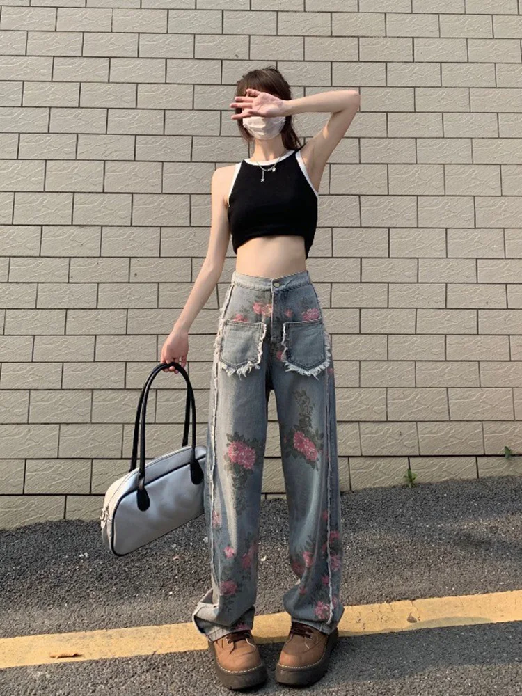 

Женские джинсы с цветочным принтом, длинные брюки из денима с высокой талией, повседневные брюки полной длины с широкими штанинами, 4XL, осень 2023