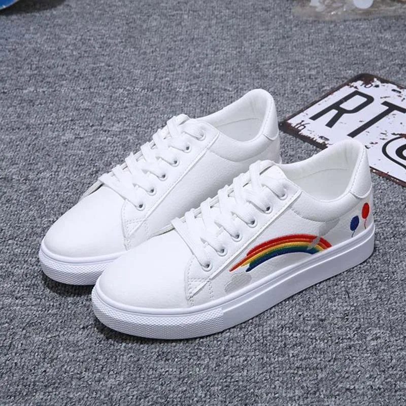 Women's Vulcanized Shoes Rainbow Embroidered White Shoes Women's Sports Shoes Lace-up Ladies Slippers Women's Flat Casual Shoes