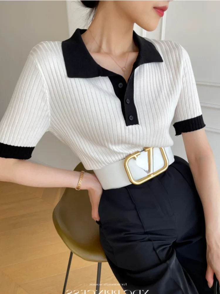 Women's T-shirt Ice Silk Knitting Slim Fit POLO Collar T-shirts for Women Summer 2024 Solid Fashion Elegant Crop Tops for Women