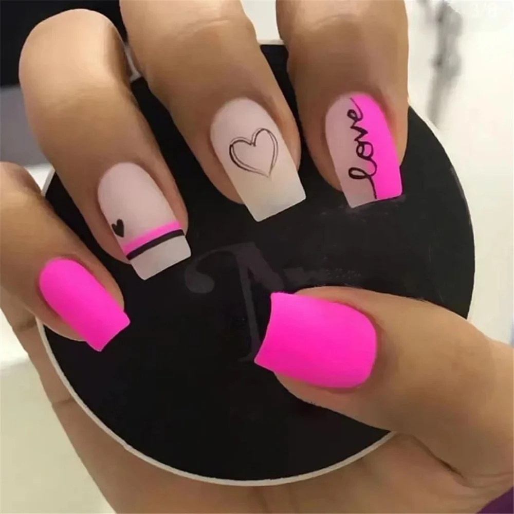 

Модные матовые розовые накладные ногти модные «любовь» дизайн букв Маникюр Французский гроб квадратные накладные ногти Набор накладных ногтей