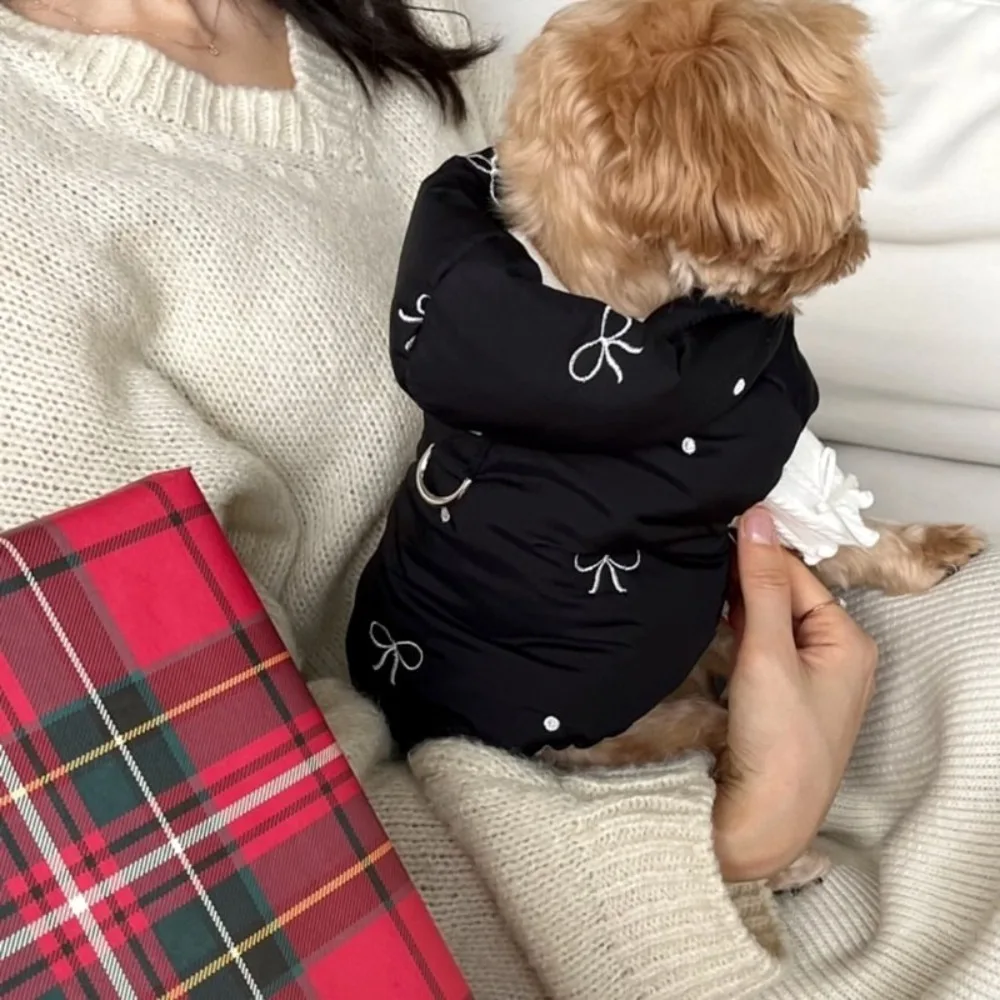 귀여운 리본 자수 강아지 코트 두꺼운 단색 애완동물 후드 코트 따뜻하게 유지하..