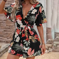 Bohemian Floral Print Short Jumpsuits For Women Summer Short Sleeve Wide Legs One Pieces  Elegant 2024 Beach Wear Casual Outfit - Image 5
