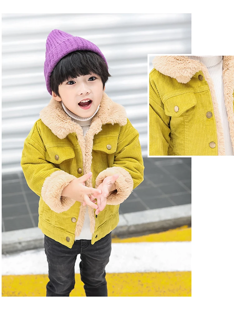Corduroy Plush Jacket New Autumn/Winter Boys Girls Thickening Single Breasted Cotton Top Casual Fashion Warm Baby's Coat