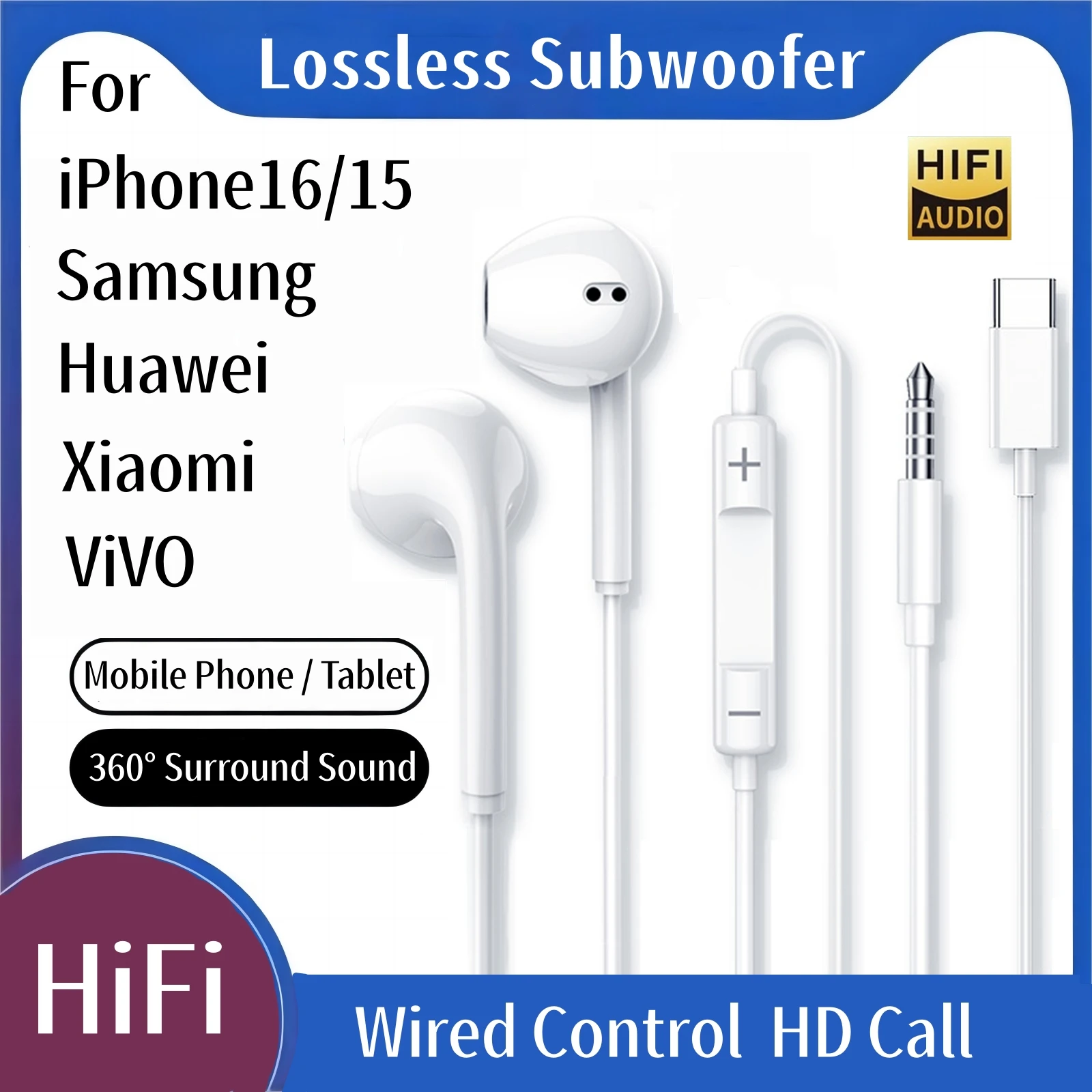 In Ear Earphones Subwoofer With HD Mic Type-C Wired Headset For iPhone15 16 SamsungS24 Iconic Brand Huawei VIVO Phone Tablet Headphone