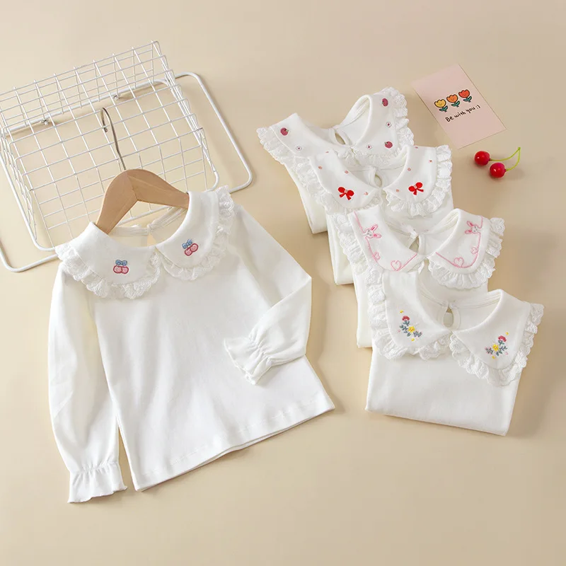 2025 Spring Autumn Baby Girls Tops Cotton Lace Collar Embroidery Long Sleeve Toddler Girls Shirts Kids Girls Bottoming Shirts 3
