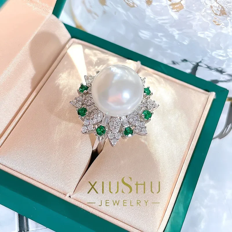 

Pearl Beimu Ring 925 Sterling Silver Inlaid with Emerald Temperament Versatile Banquet
