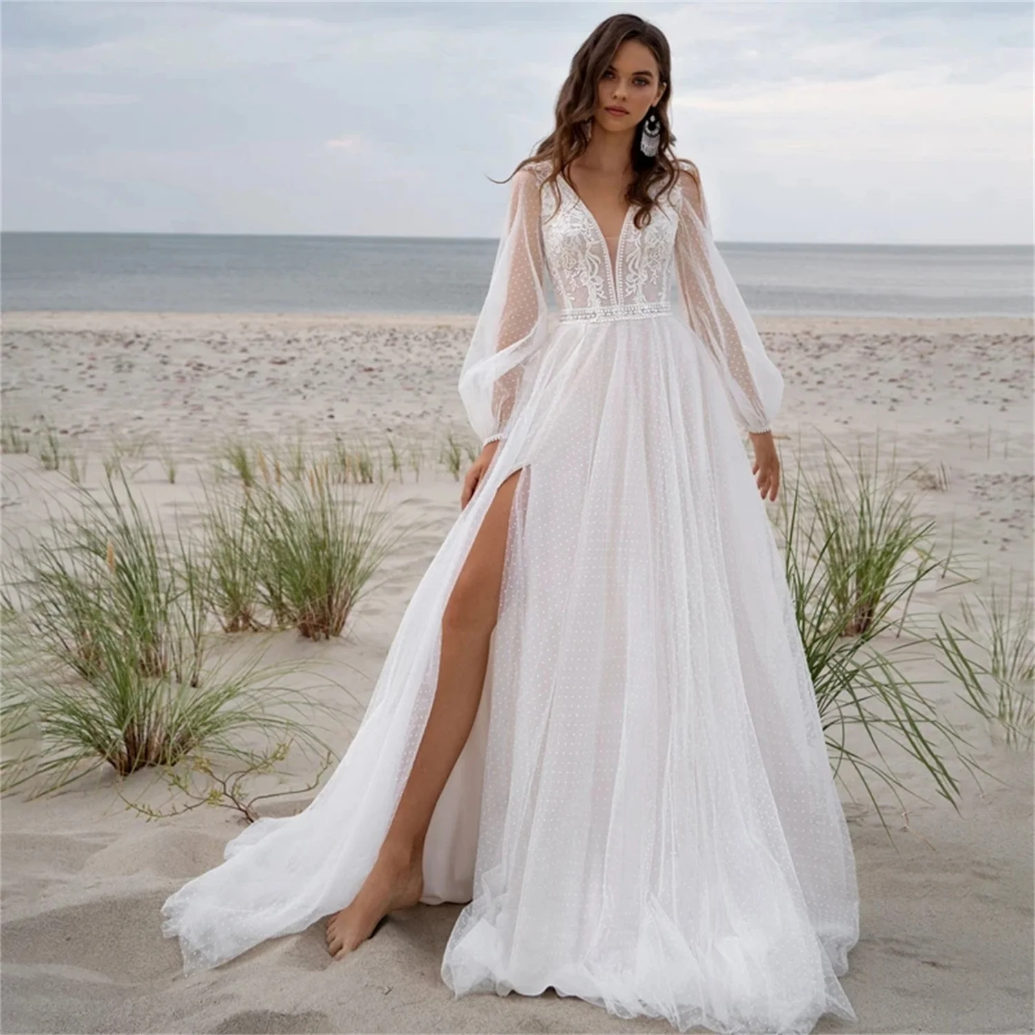 

Beach Boho V-neck Tulle Wedding Dress Long Puff Sleeves High Slide Appliques Bridal Gown Custom Made For Women Robe De Mariage