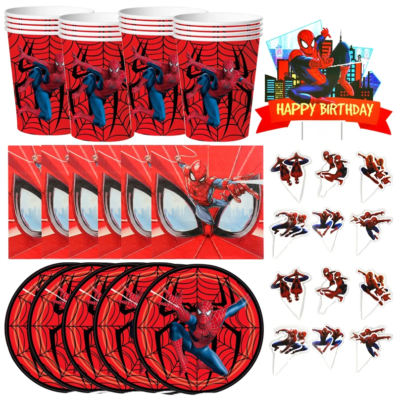

65pcs/lot Kids Favors Spider Man Theme Happy Birthday Party Baby Shower Cake Toppers Card Decorations Tableware Cup Plate Napkin