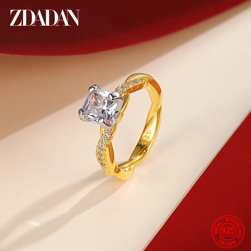 ZDADAN خاتم من الفضة الإسترليني عيار 925 مطلي بالذهب عيار 18 قيراط ومرصع بالزركون الأبيض للنساء هدية لحفلات الزفاف