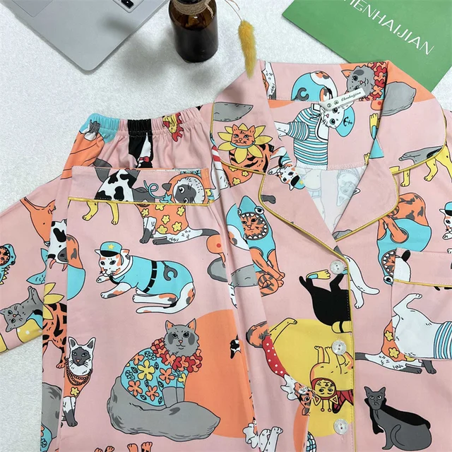 Pijamas de algodón de lujo para mujer, cárdigan con solapa, conjuntos de salón para mujer, ropa de dormir con estampado de gato, moda de primavera y otoño, nuevo, 2 piezas - Image 4