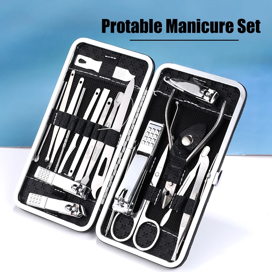 

19pcs Portable Nails Clippers Manicure Pedicure Set Facial Care Tools Stainless Steel Needle Cutter Pusher Finger Treatment Suit