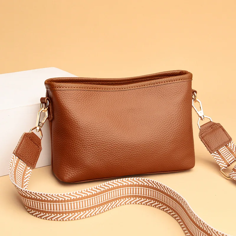 Leather Genuine Wide Crossbody Strap, Square Top Layer, Cowhide Single Shoulder Soft Leather, Versatile Women's Bag, Trendy ,