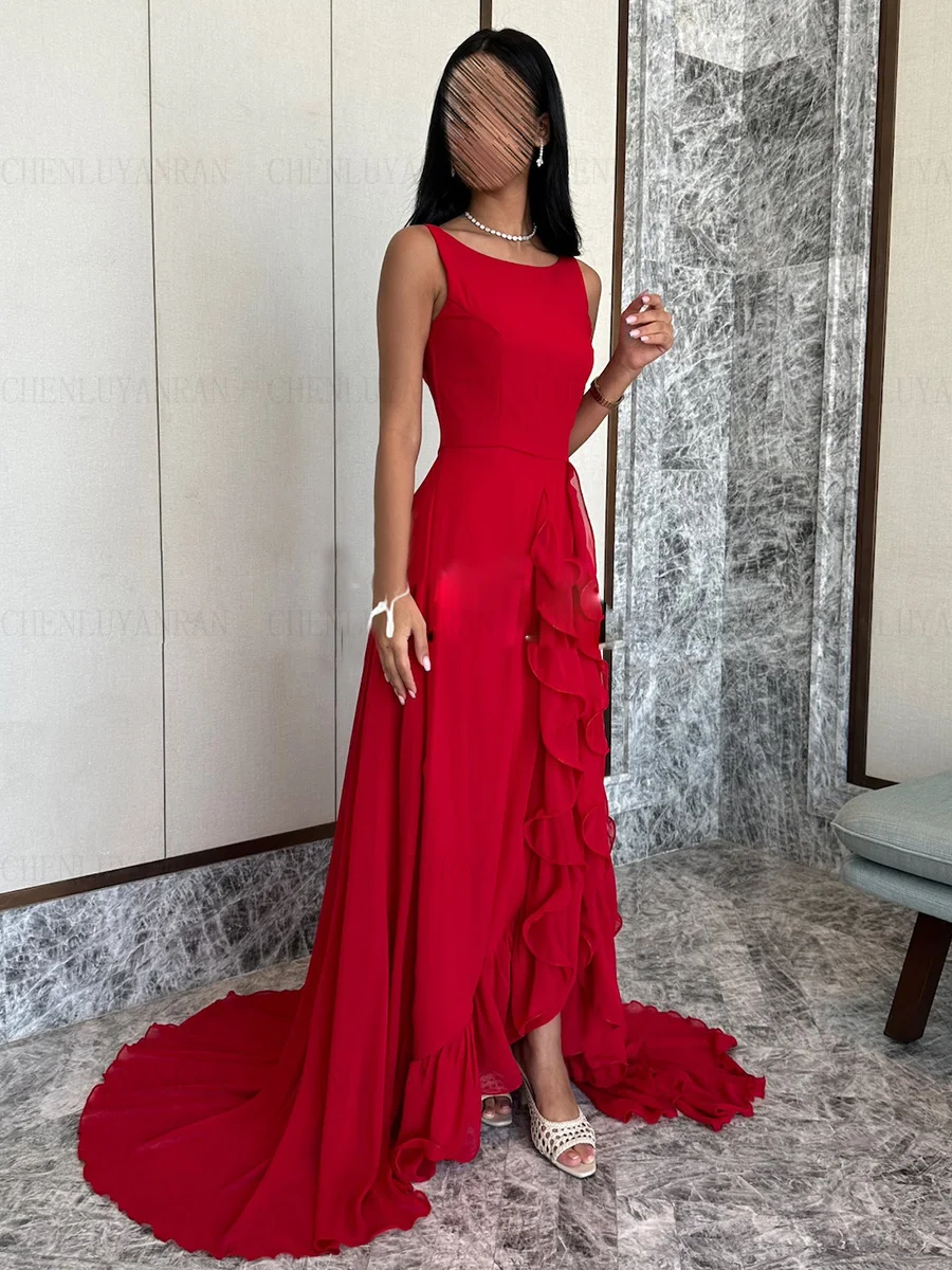 

Red Chiffon Formal Occasion Dresses 2023 Sleeveless Sexy Ball Gowns Slit Sweep Train Long Evening Party Gowns فساتين الحفلات