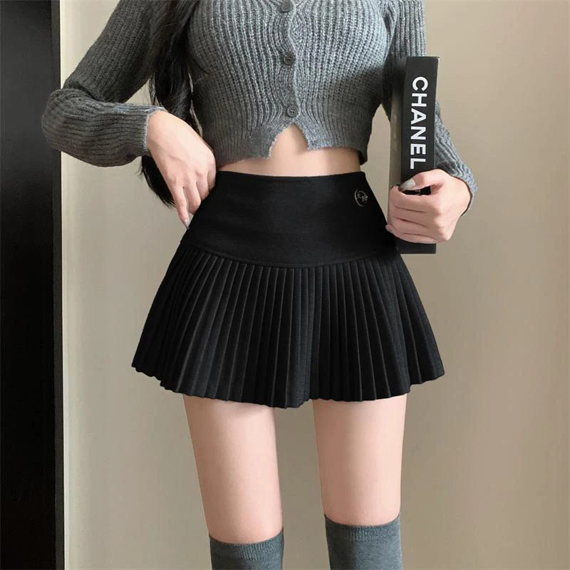 

Fashion Woolen Pleated Skirts Women Korean Chic Sexy High Waist A-Line Skirts Y2K Summer Solid Preppy All Match Mini Skirts