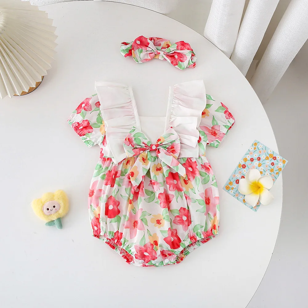 

Jenny&Dave 2023 Summer Infant Creeper Girl's New Short Sleeve Romper Triangle Creeper Fashionable Little Girl Flower Wrapped Far