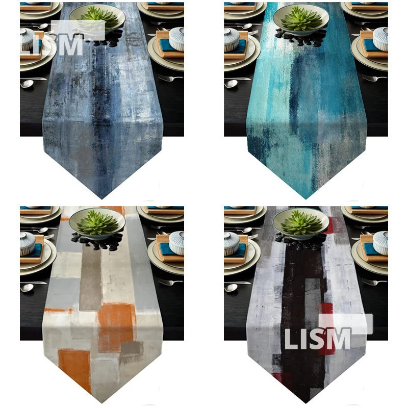 Modern Abstract Table Runner Grey Green Retro Dining Tablecloth Anti