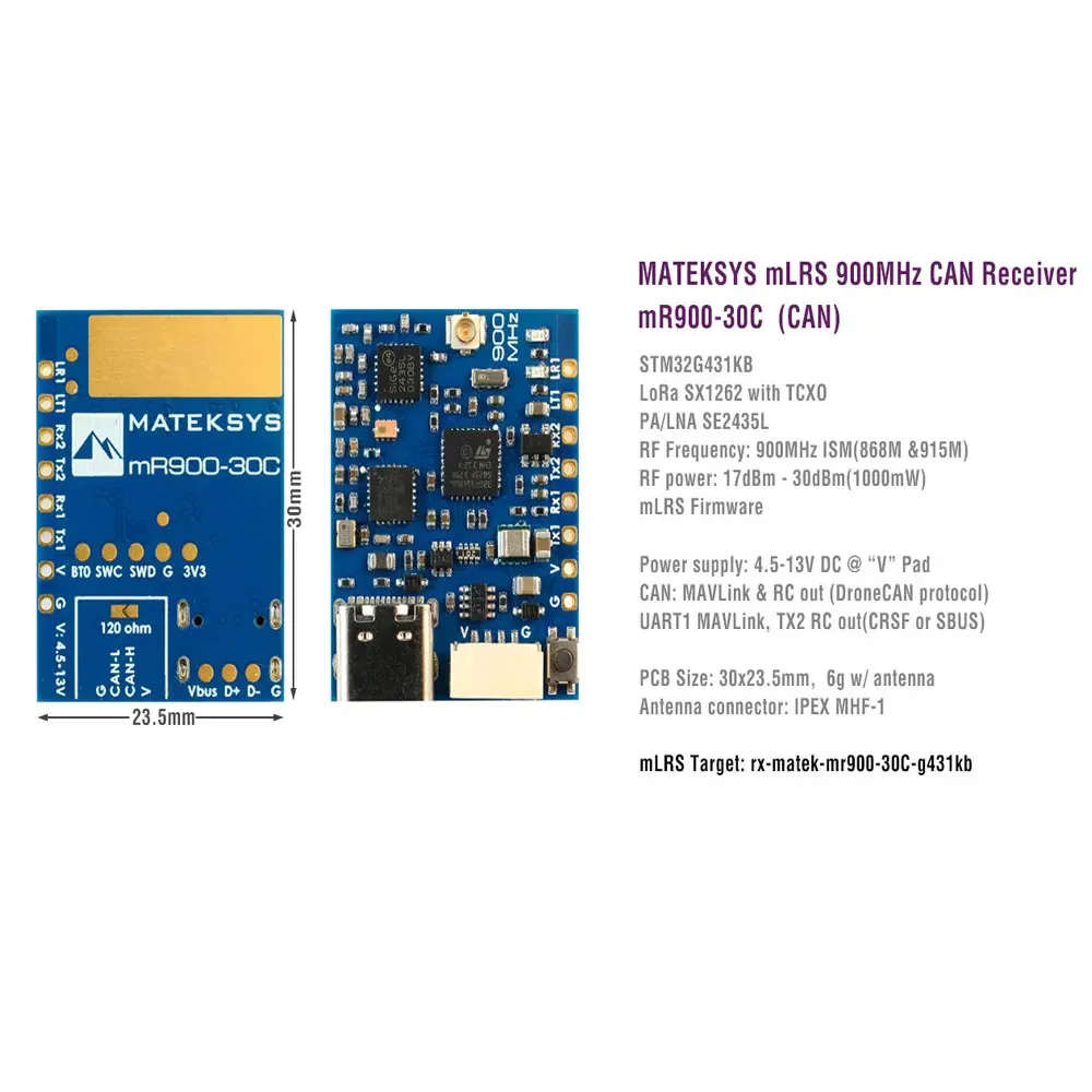 mLRS 900MHz 30dBm SX1262 STM32G431KB MATEKSYS mR900-30C приемник