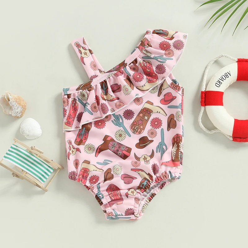 6M-2T Girls Summer Casual Cute Swimsuit Sleeveless One-Shoulder Floral Swimsuit Brown Pink