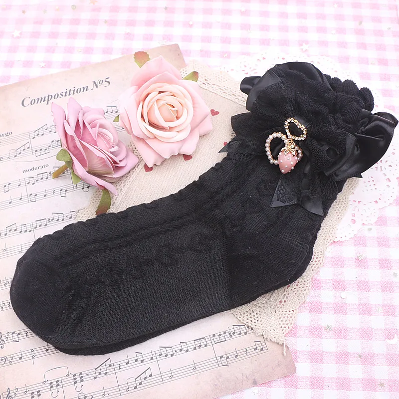 Japanese Rojita Style Sweet Cute Girl Lace Pearl Heart Strawberry Pendant Bow Short Socks Women's Stockings Clothes Accessories