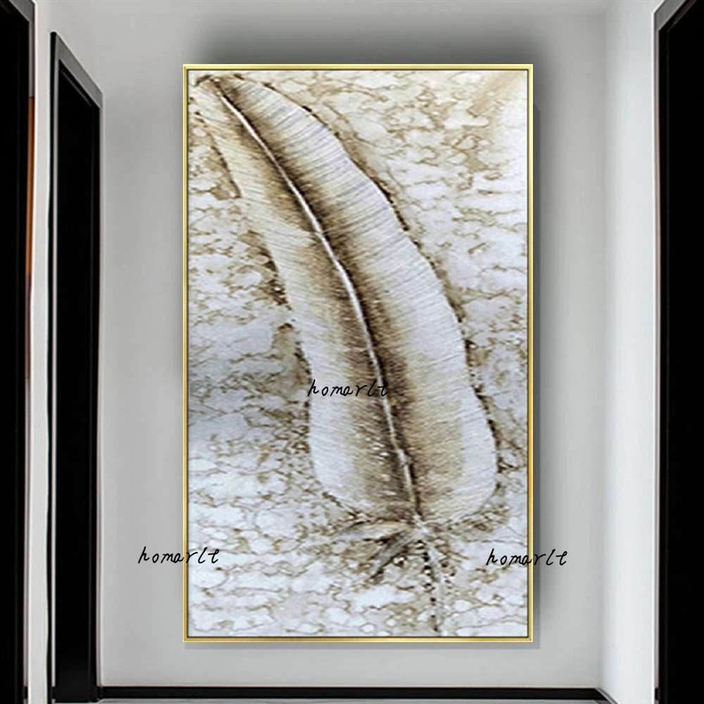 

Hand Painted Vertical Large Feather Wall Art Sliver Gray Canvas Oil Painting Modern Long Leaf Wall Art Living Room Home Decor