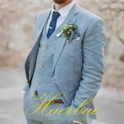Summer Men Suit Wedding Linen Jacket Vest Pants 3 Piece Set Beach Party Tuxedo Formal Groom Outifi Handsome Clothes