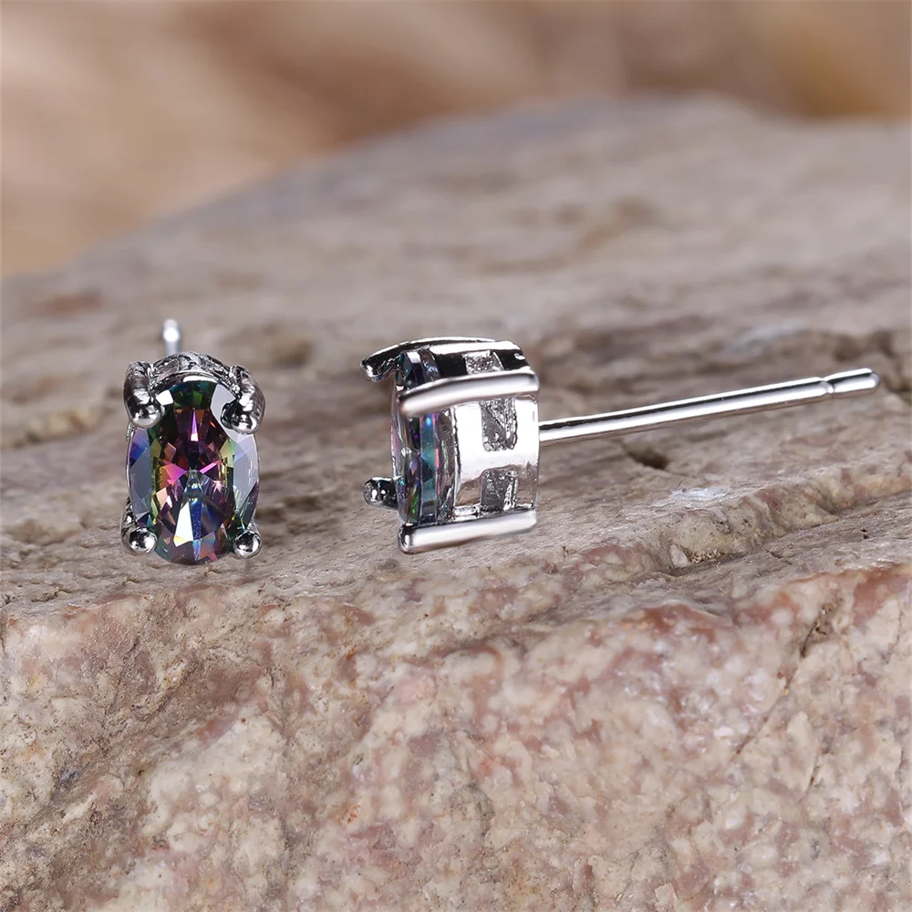 Rainbow Crystal Multicolor Oval Stone Small Stud Earrings For Women Vintage Silver Color Wedding Jewelry Bridal Engagement Gifts