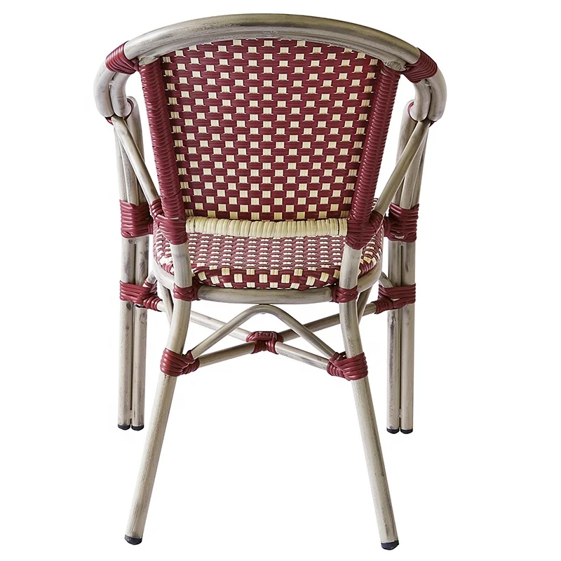 Stackable French Red Patio Cafe Wicker Dining Armchairs Furniture Outdoor Garden Aluminum Rattan Bistro Chairs