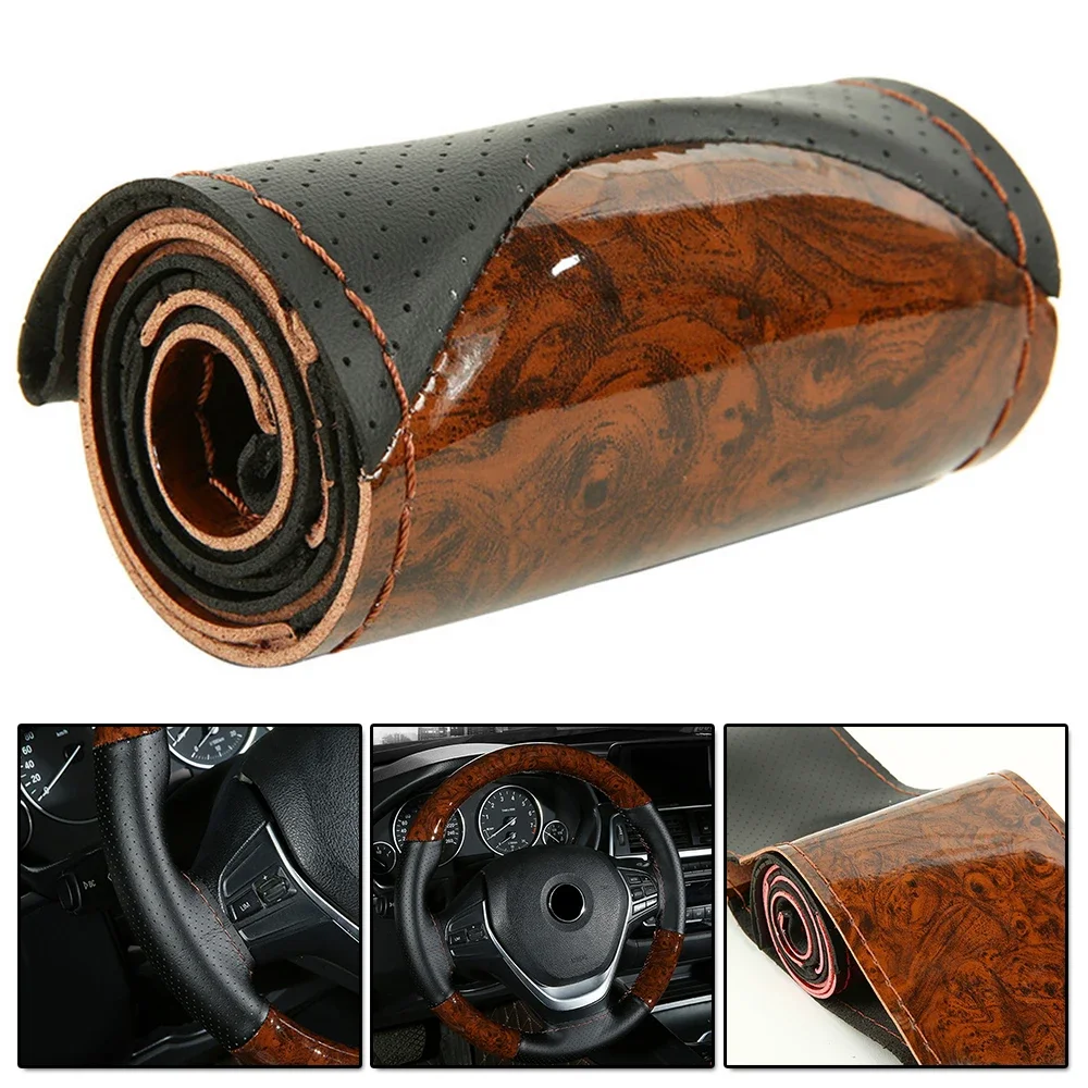 

Car Steering Wheel Braid Cover Fit 37-38cm Interior Replacement Parts Peach Wood DIY Car Truck Leather Steering Wheel Cover