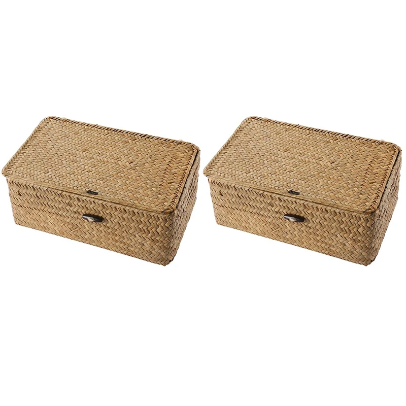 

2X Seagrass Hand Woven Storage Box Storage Box Storage Basket Makeup Organizer Multipurpose Container With Lid