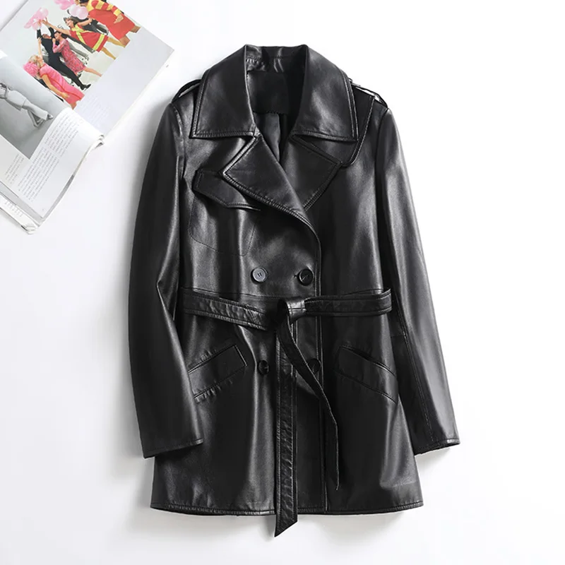 Women Leather Jacket Solid Belt Long Genuine Sheepskin Coat 2024 New Overcoat Retro CL4030