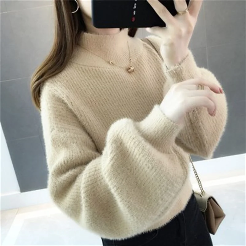 

Solid Sweater Kawaii Soft Woolen Winter Girls Mohair Autumn Pullover Lantern Sleeves Loose Cashmere Velvet Knitted Jumpers P009