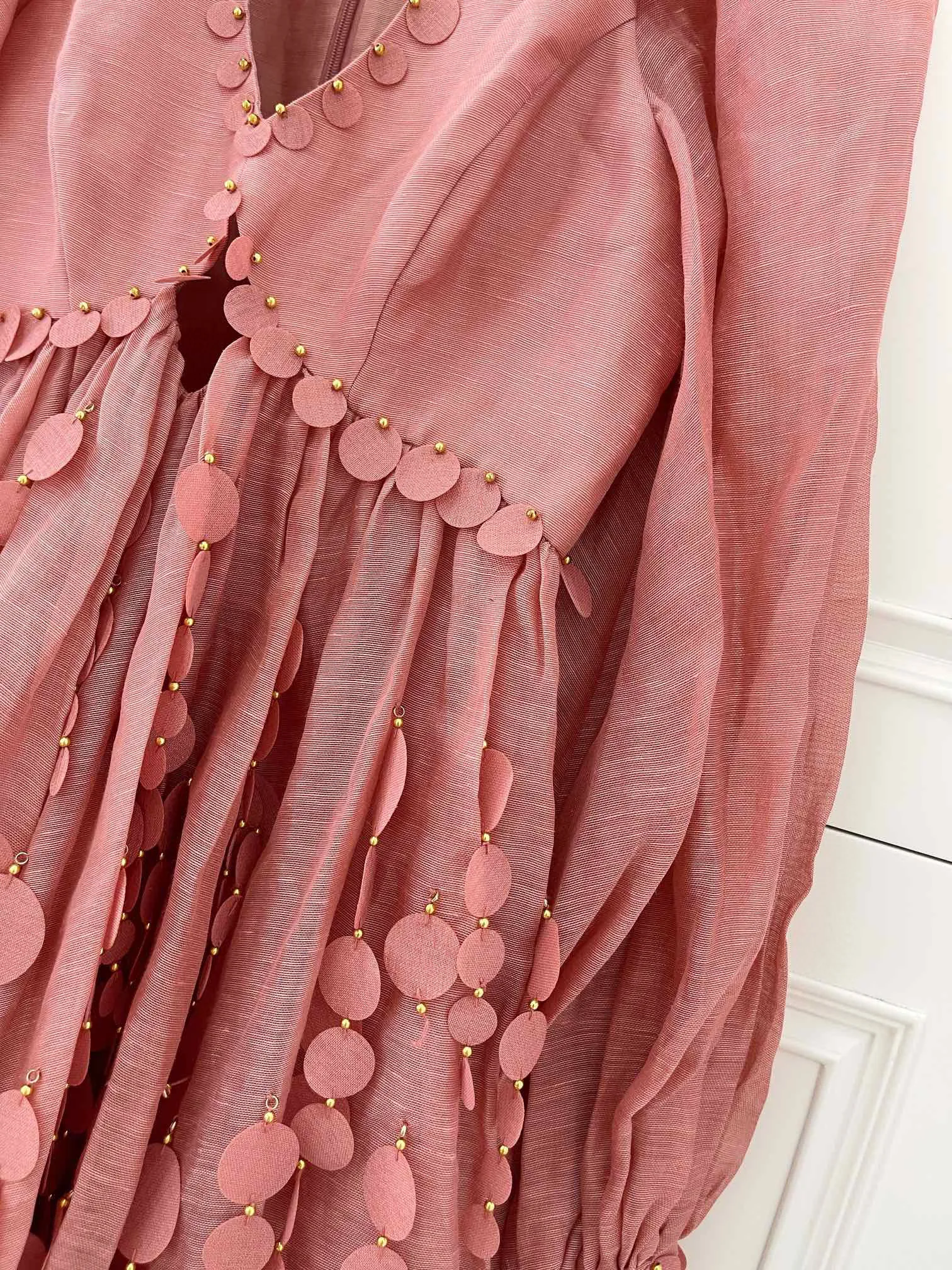 Real Silk Linen Mini Hollow Out Lantern Sleeve Tassel Elegant Vintage Runway Designer Chic Women Dress birthday dress