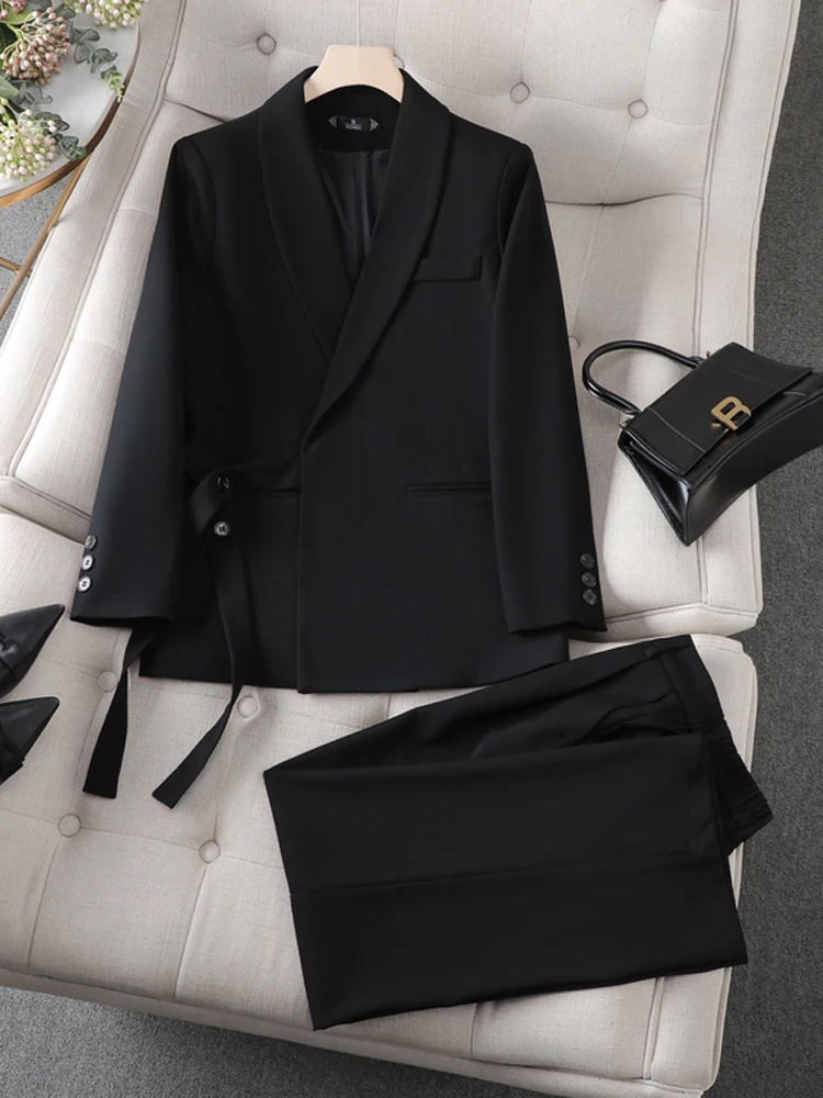 Large size Women Design Blazer and pants Elegant Pink Long sleeve Sashes jacket Office lady 2 Piece set 2023 Autumn INKEO 3O080