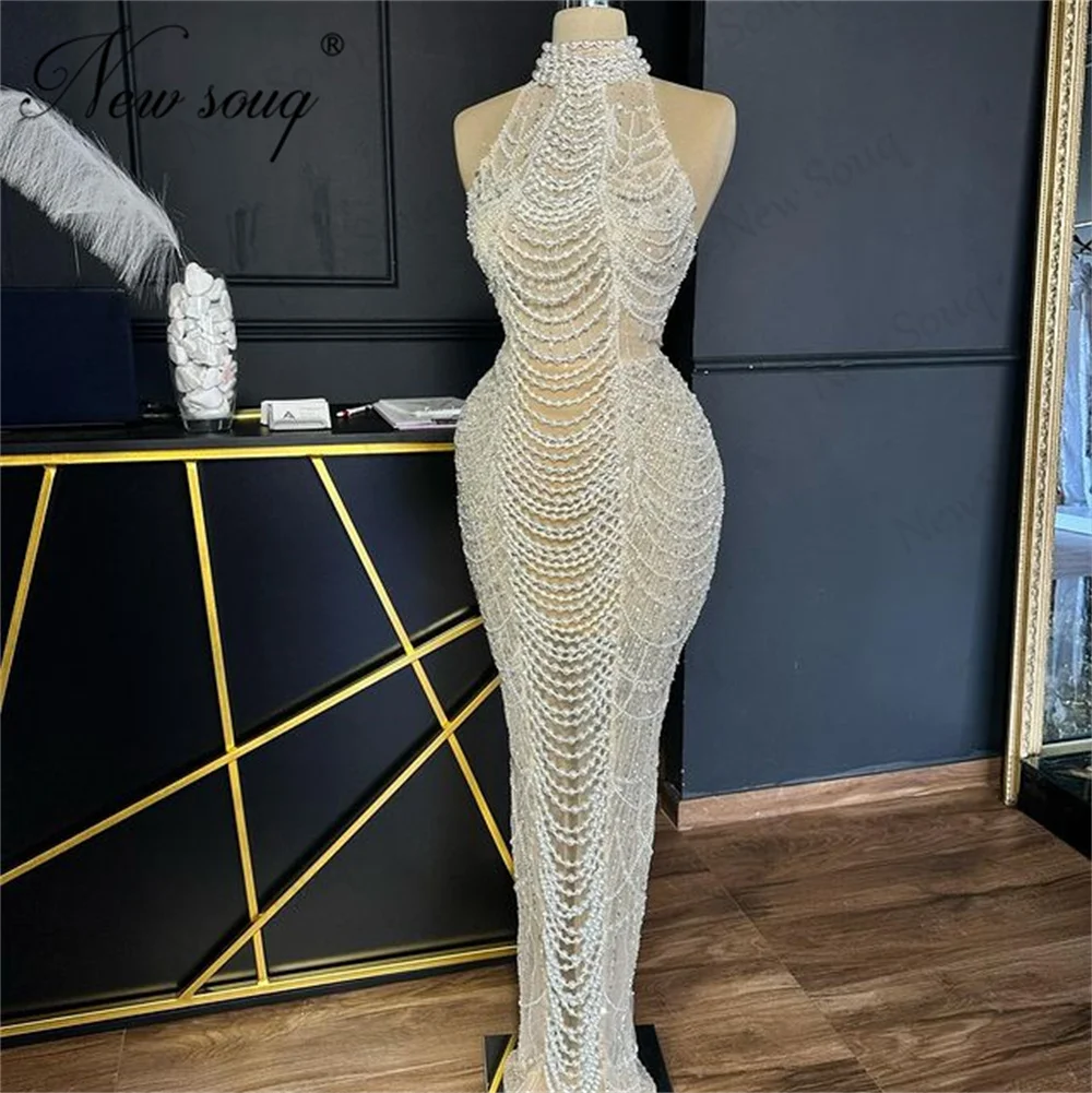 

Dubai Pearls Evening Dresses Custom Made Halter Long Cocktail Dress Beading Party Dress Wedding Vestidos De Fiesta Prom Dresses