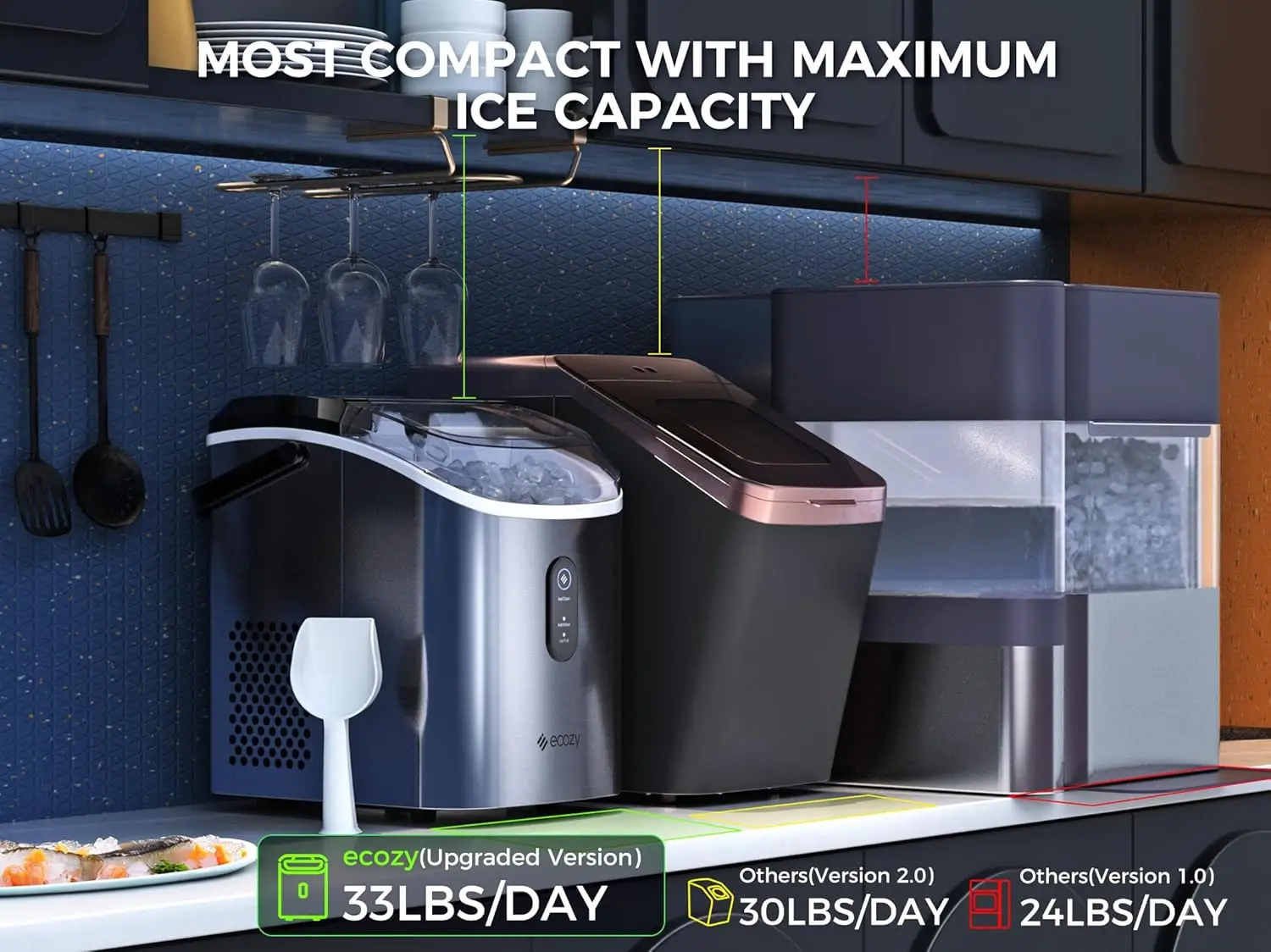 Ice Maker Countertop - Chewable Pellet Ice Cubes, 33 lbs Daily Output, Stainless Steel Housing, Self-Cleaning Ice Machine 3