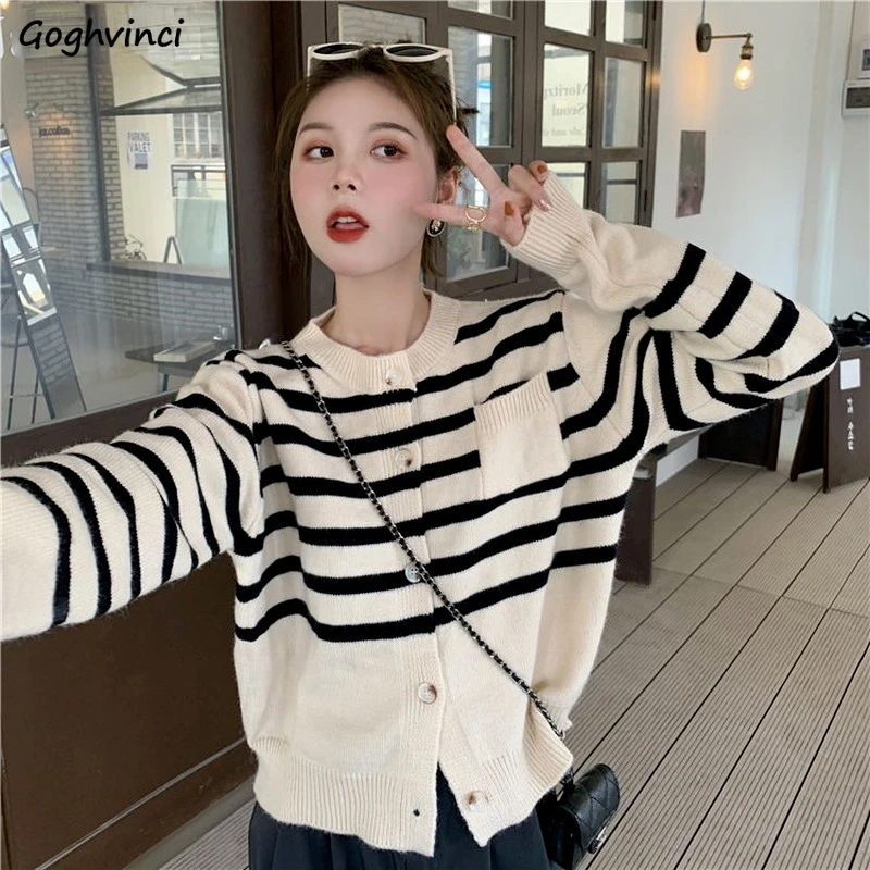 

Cardigan Women Baggy Daily College Кардиган Женский Spring Striped Pockets Tender England Style Simple Design Retro Prevalent