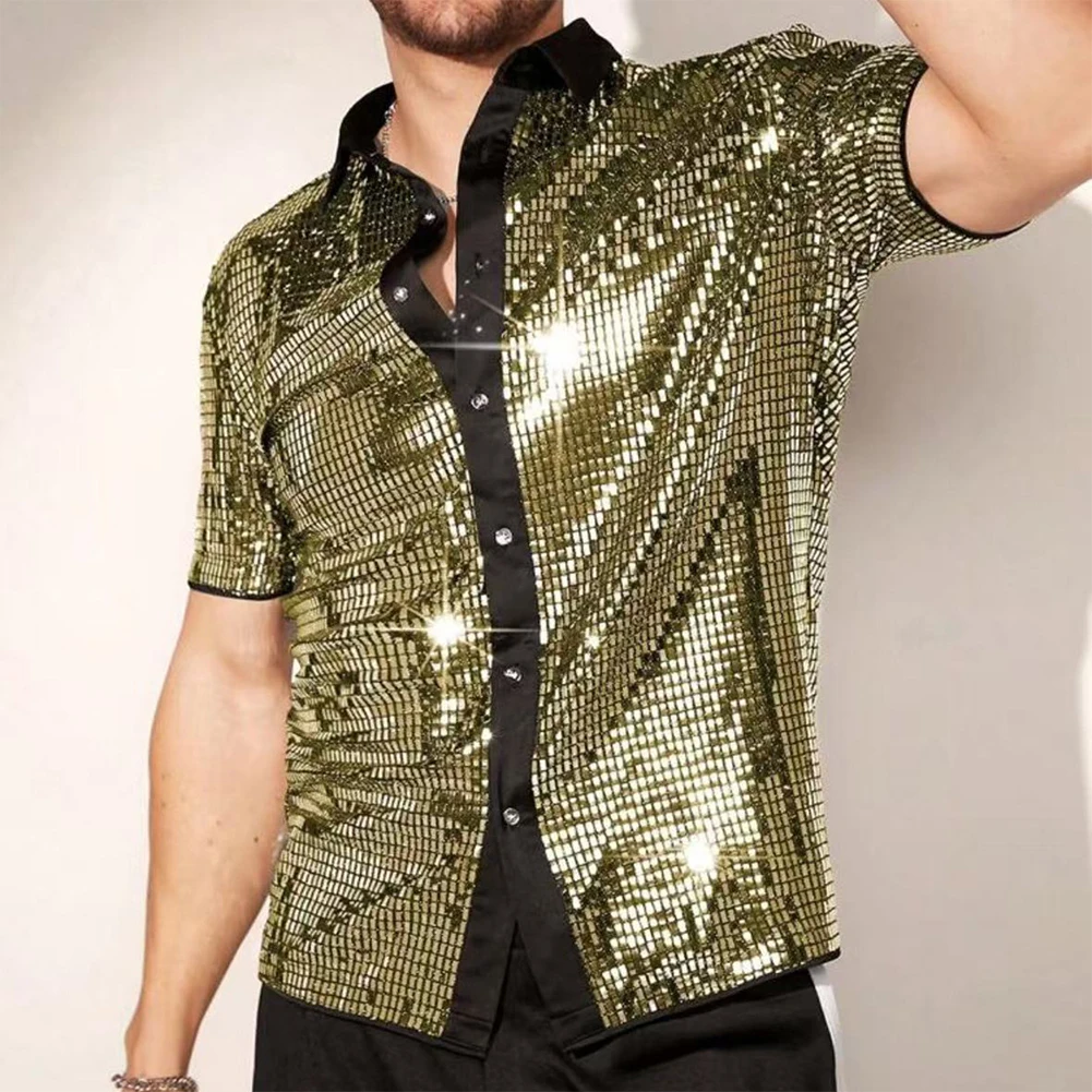 Herren Vintage 70er Disco Club Hemd Glänzende Pailletten Kurzarm Button-Down-Hemd – Detail 6
