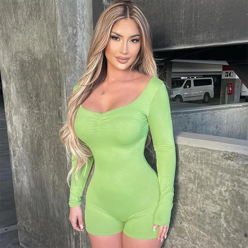 bkld 2023 autumn new velvet jumpsuit for women solid color sexy nightclub bodycon romper long sleeve v neck women clothing BKLD Women Clothing 2023 Autumn Winter New Ruched Long Sleeve Tight Sports Shorts Jumpsuit Solid Color Green Romper Clubwear