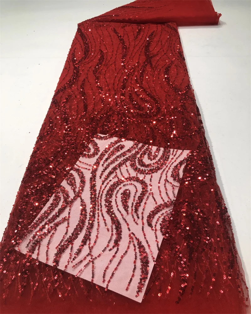 Red Luxury African Tulle Beaded High Quality Nigerian Sequins With Pearl Lace French Tulle Fabric For Party Dress Sew