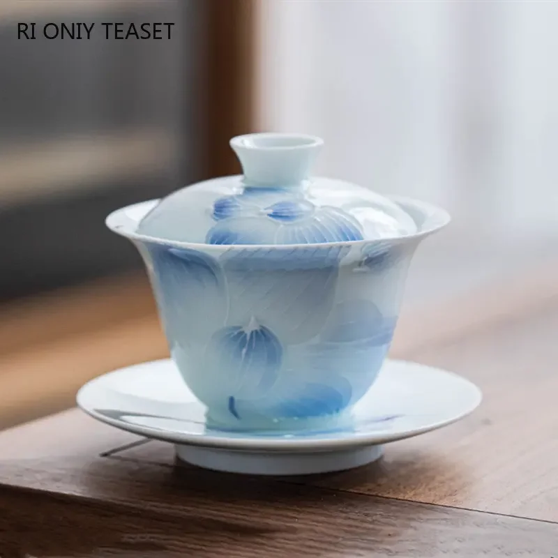 140ml Chinese Hand-painted Lotus Flower Ceramic Tea Tureen Teacup Portable Gaiwan Set Handmade Porcelain Tea Bowl Home Set