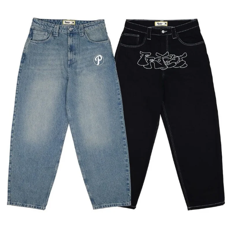 American Street Popular Letter Embroidery Jeans Men Y2K New Harajuku Style Hip Hop Wide-Leg Pants Couple Casual Vintage Jeans