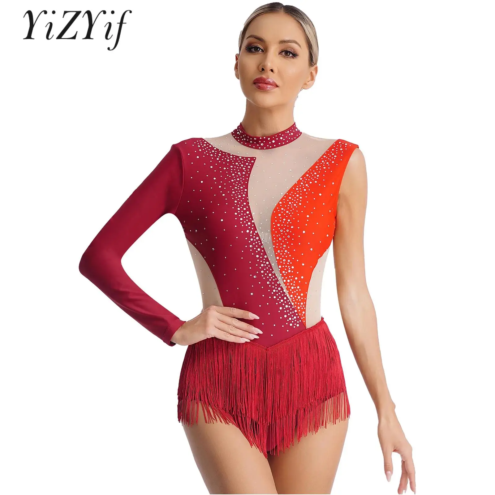 

Women Gymnastics Leotard One-Shoulder Figure Ice Skating Dress Mesh Splice Rhinestone Ballerina Dancewear Competition Outfits