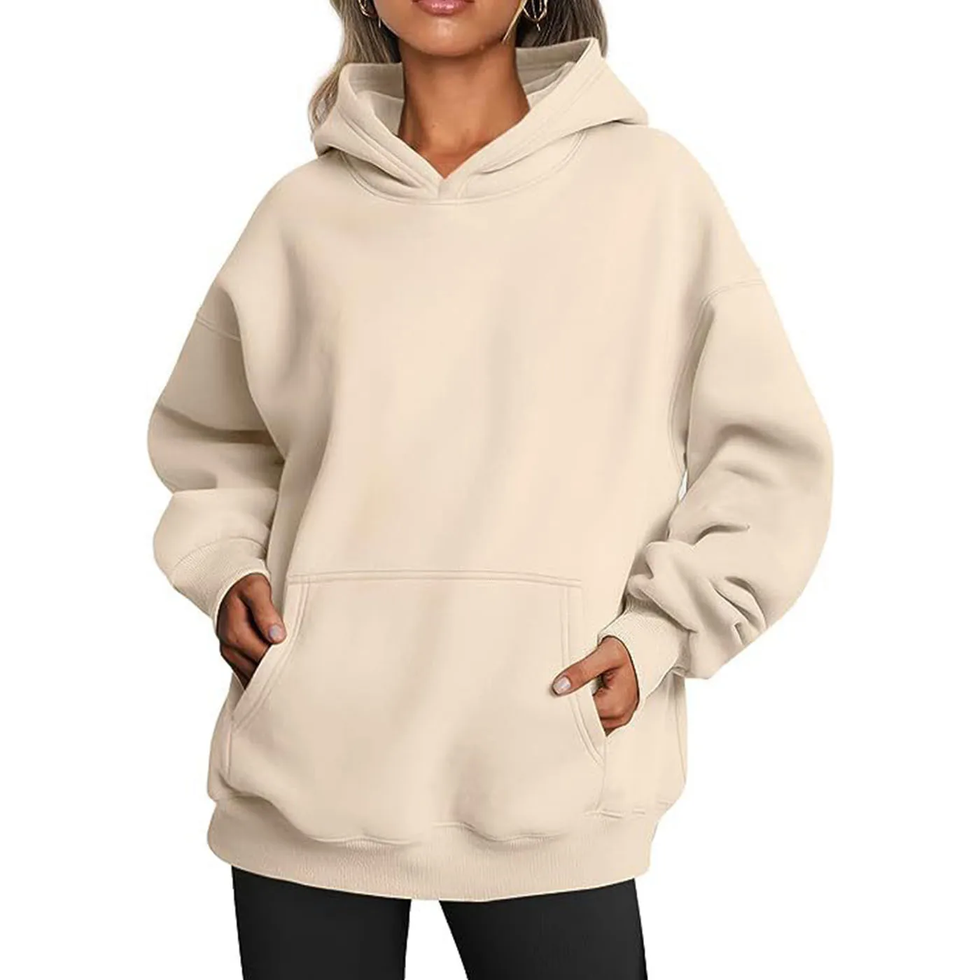 Tesco Solid Loose Women’s Hooded Fleece Women Sweatshirts with Pockets Casual Long Sleeve Pullover Oversize Women Tops